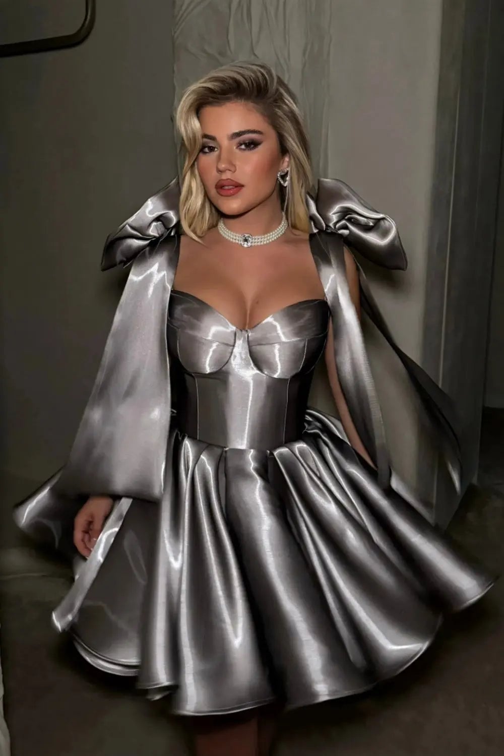 Metallic Grey Dress With Corset Bodice and Bow Sleeves — Classy Gray Dress