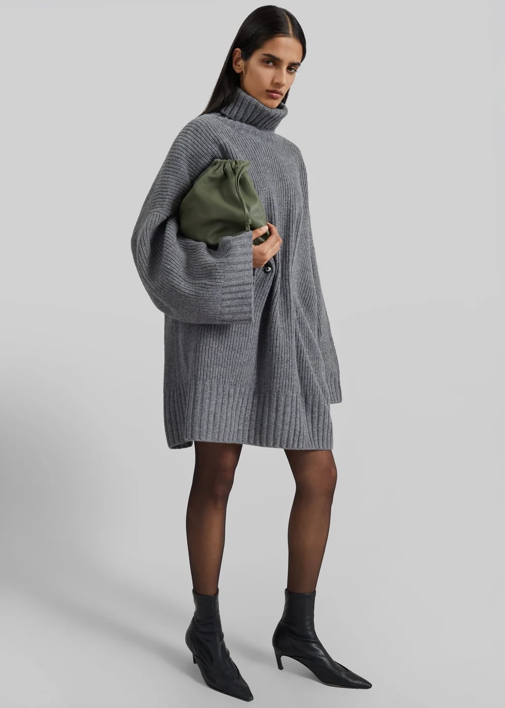 Grey Oversized Chunky Knit Turtleneck Dress — Classy Gray Dress