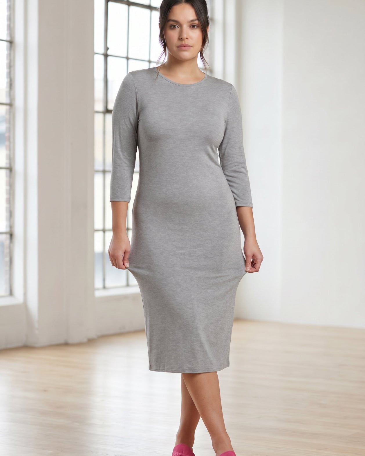 Fitted Grey Jersey Midi Dress With Three-Quarter Sleeves — Classy Gray Dress