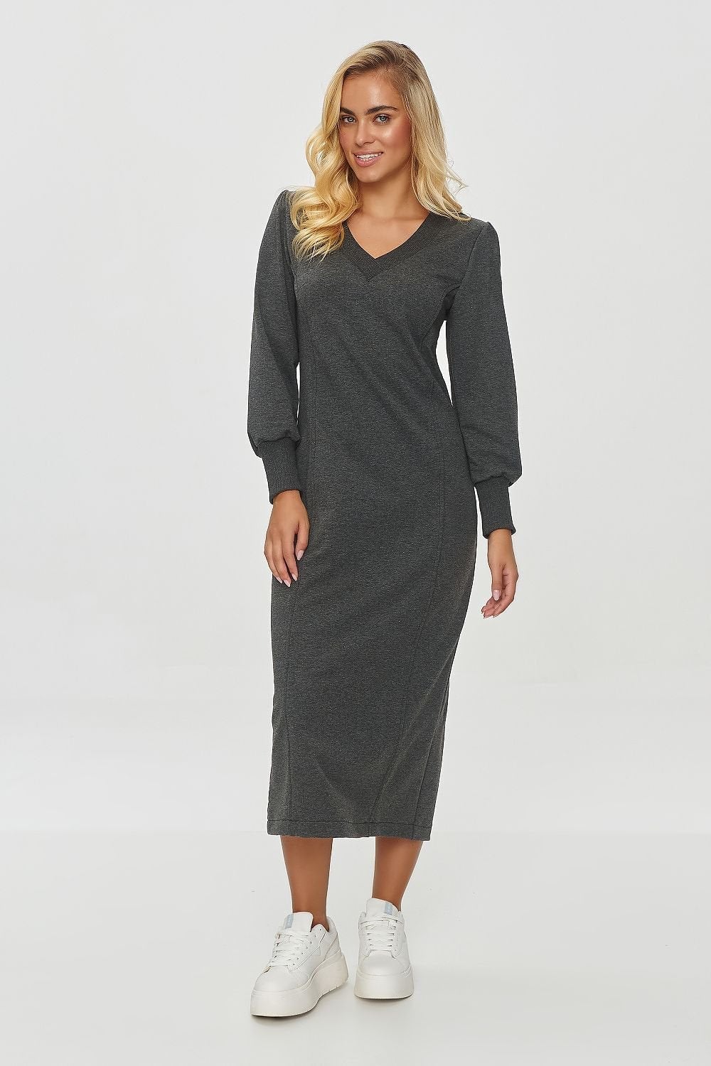 Dark Grey Long-Sleeved Ribbed Knit Midi Dress — Classy Gray Dress