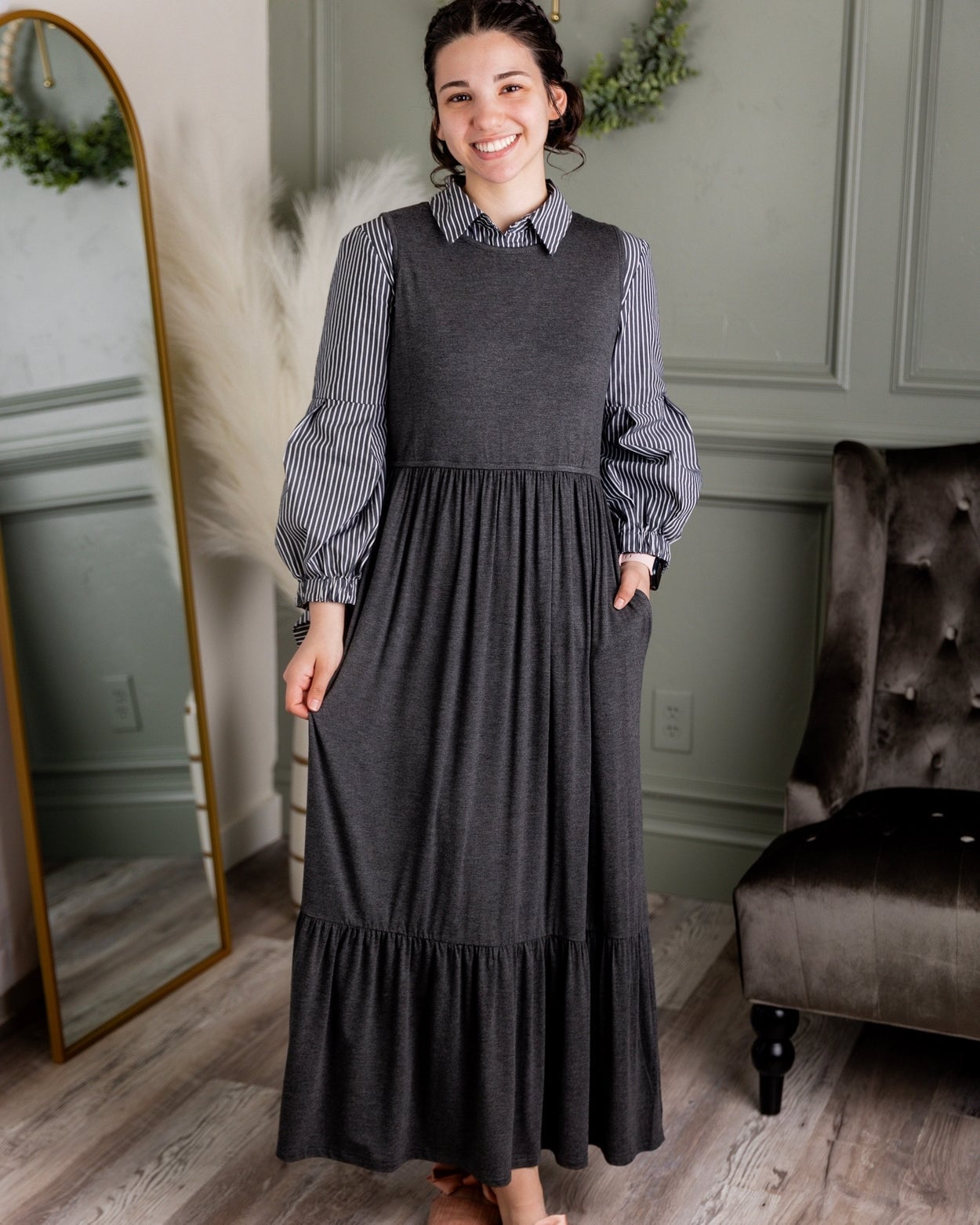 Grey Tiered Sleeveless Maxi Dress Over Striped Shirt — Classy Gray Dress