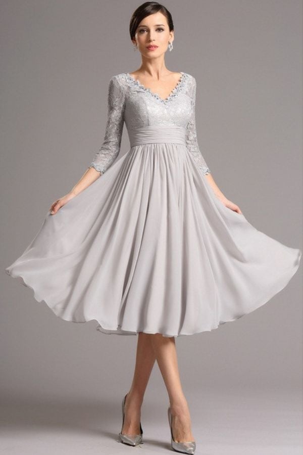 Light Grey Chiffon Tea-Length Dress With Lace Sleeves — Classy Gray Dress
