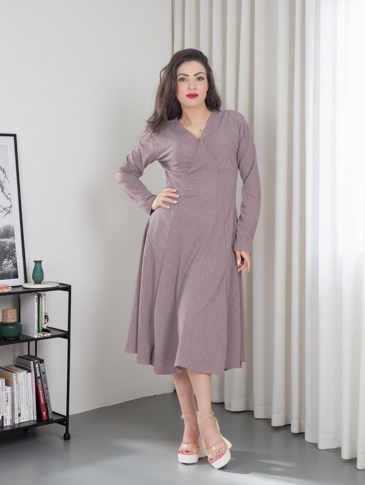 Muted Purple-Grey Textured Knit A-line Midi Dress — Classy Gray Dress