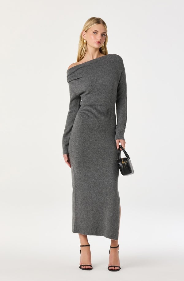 Medium Grey Off-The-Shoulder Knit Sweater Dress — Classy Gray Dress