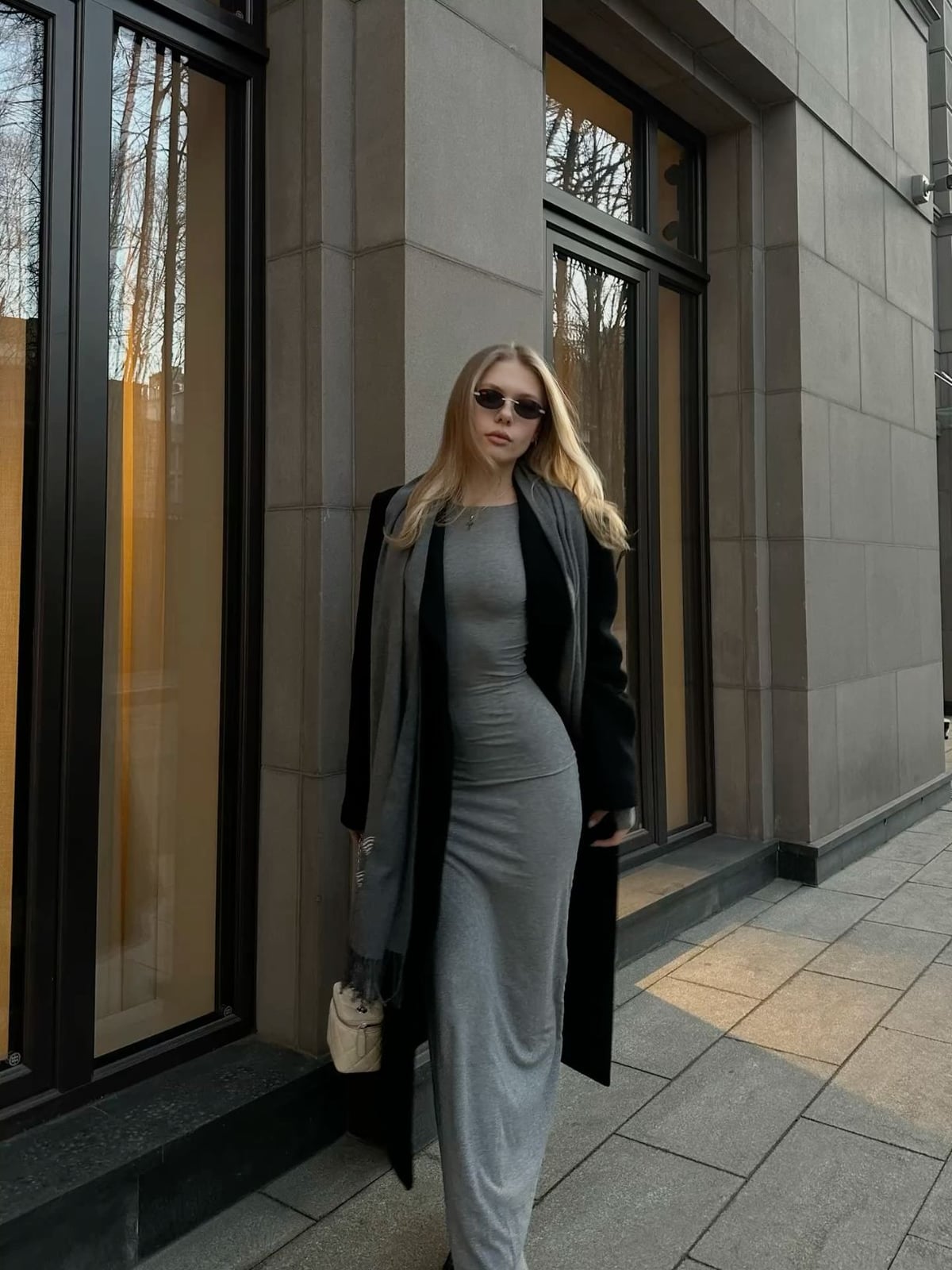 Grey Bodycon Maxi Dress With Black Coat Layer — Classy Gray Dress