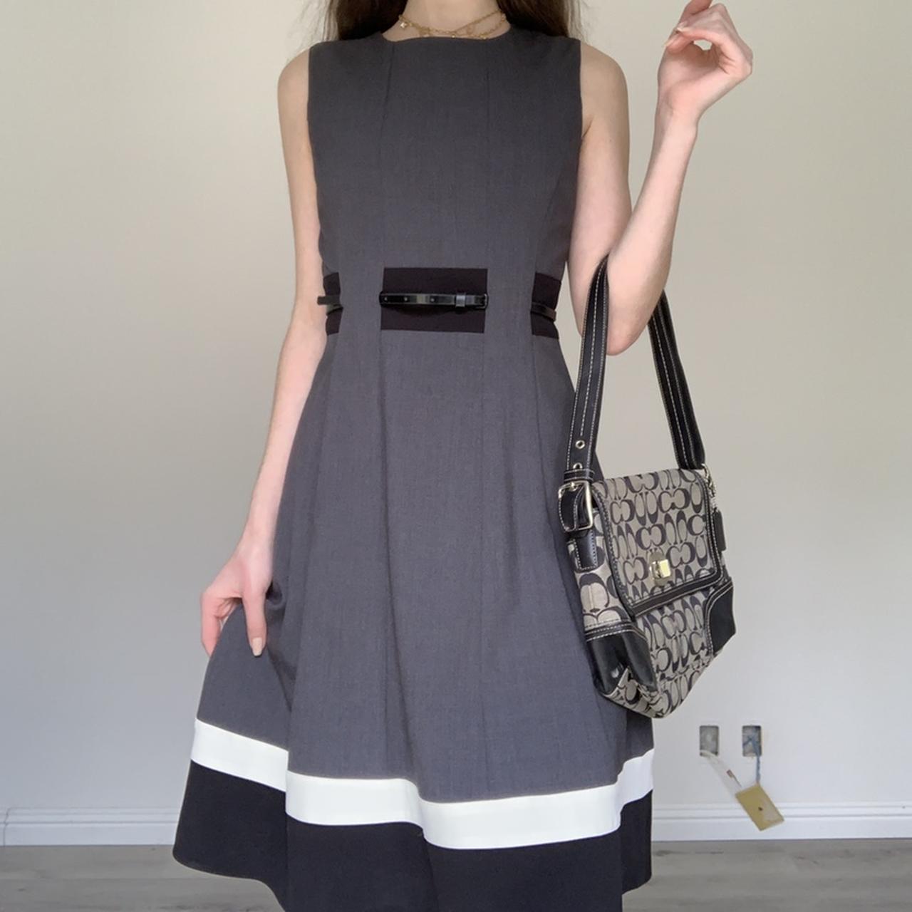 Grey A-line Dress With Black Belt and Color Block Hem — Classy Gray Dress