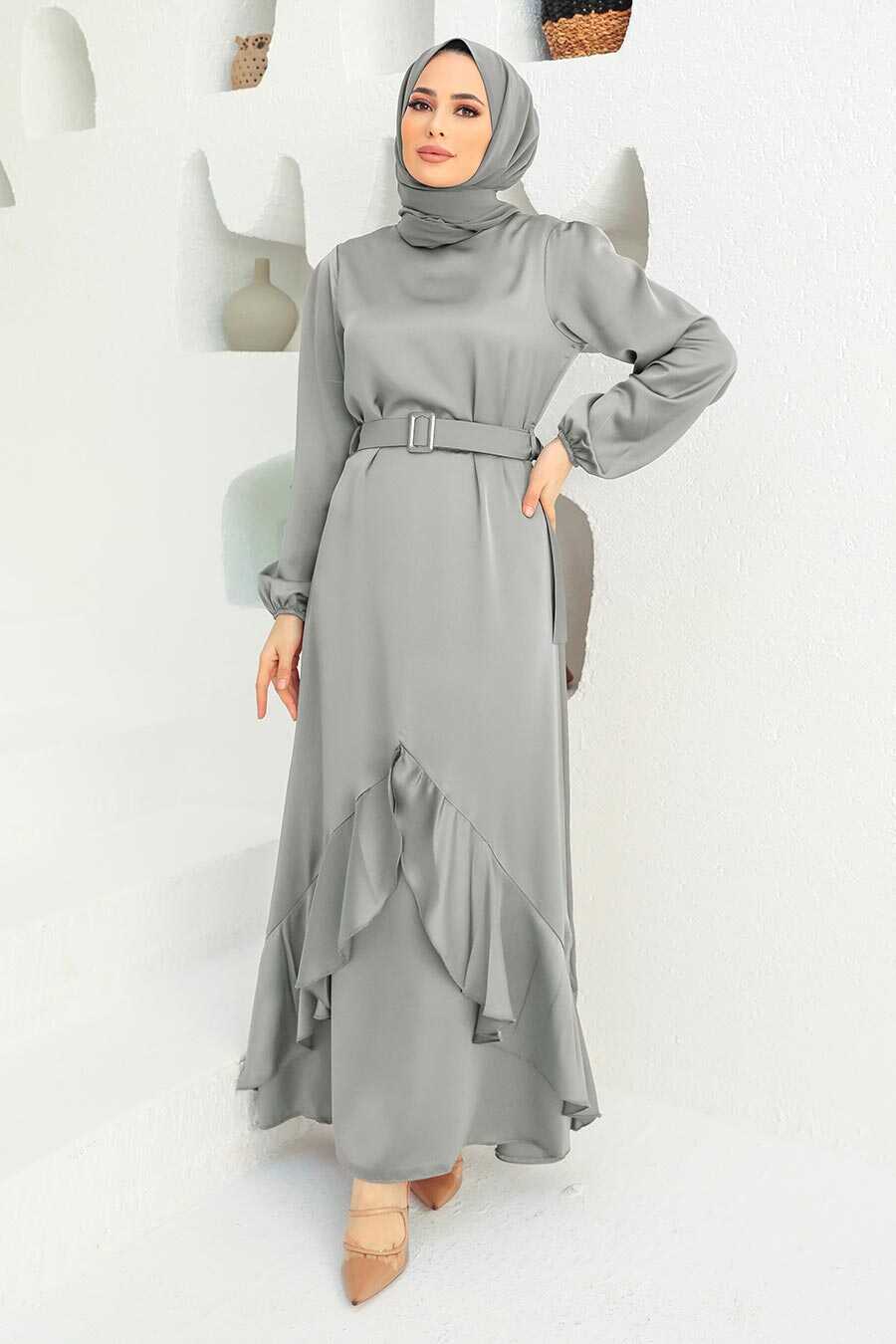 Light Grey Satin A-line Dress With Ruffled Hem — Classy Gray Dress
