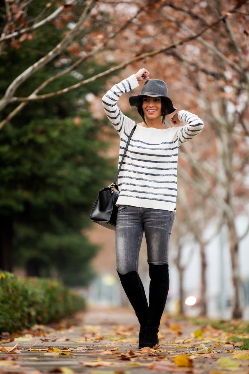 Striped Sweater and Over-the-Knee Boots with Grey Skinny Jeans — Classy Gray Jeans Outfits