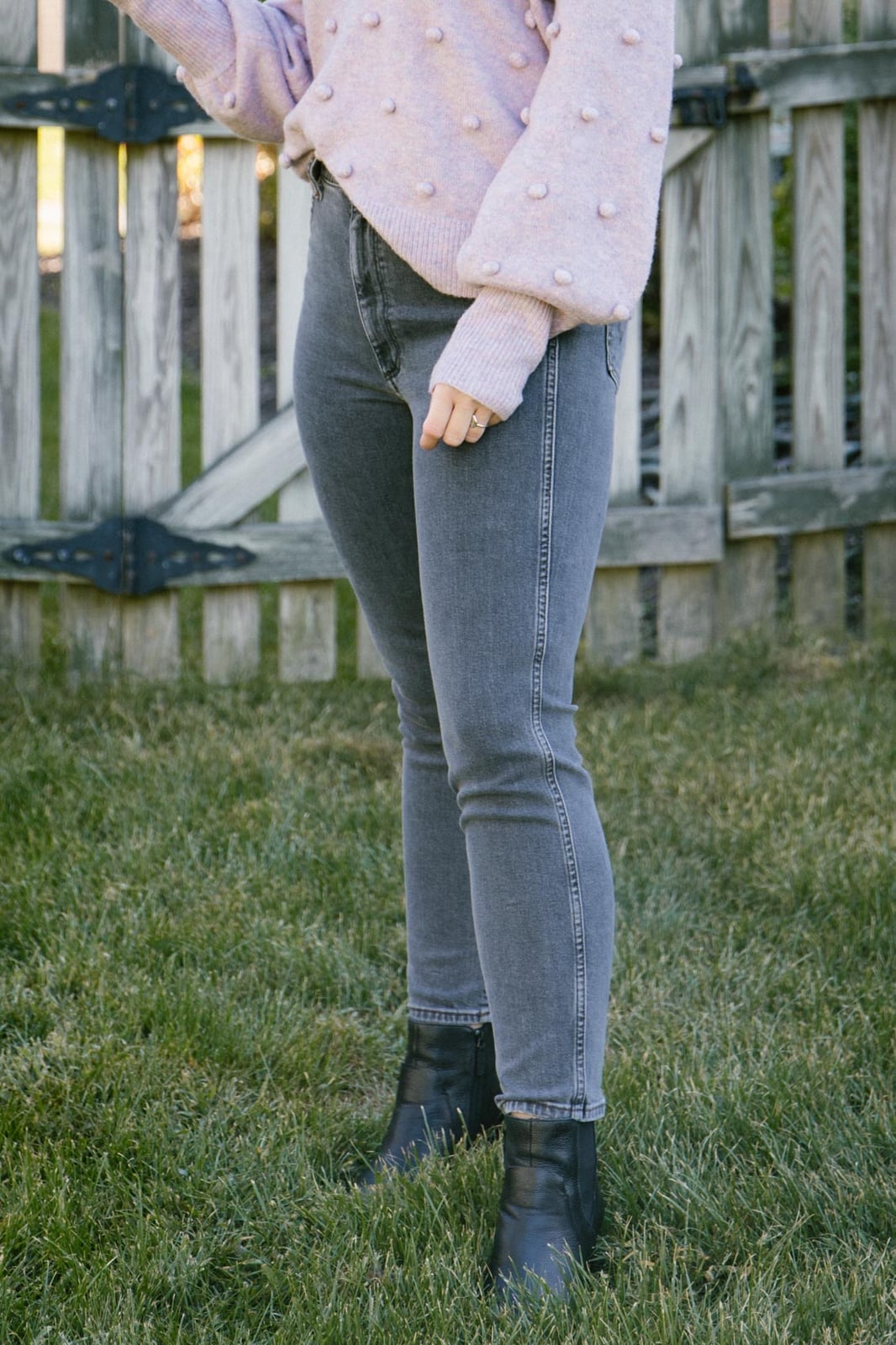 Lilac Pom-Pom Sweater and Black Boots with Grey, Close-Up Take — Classy Gray Jeans Outfits