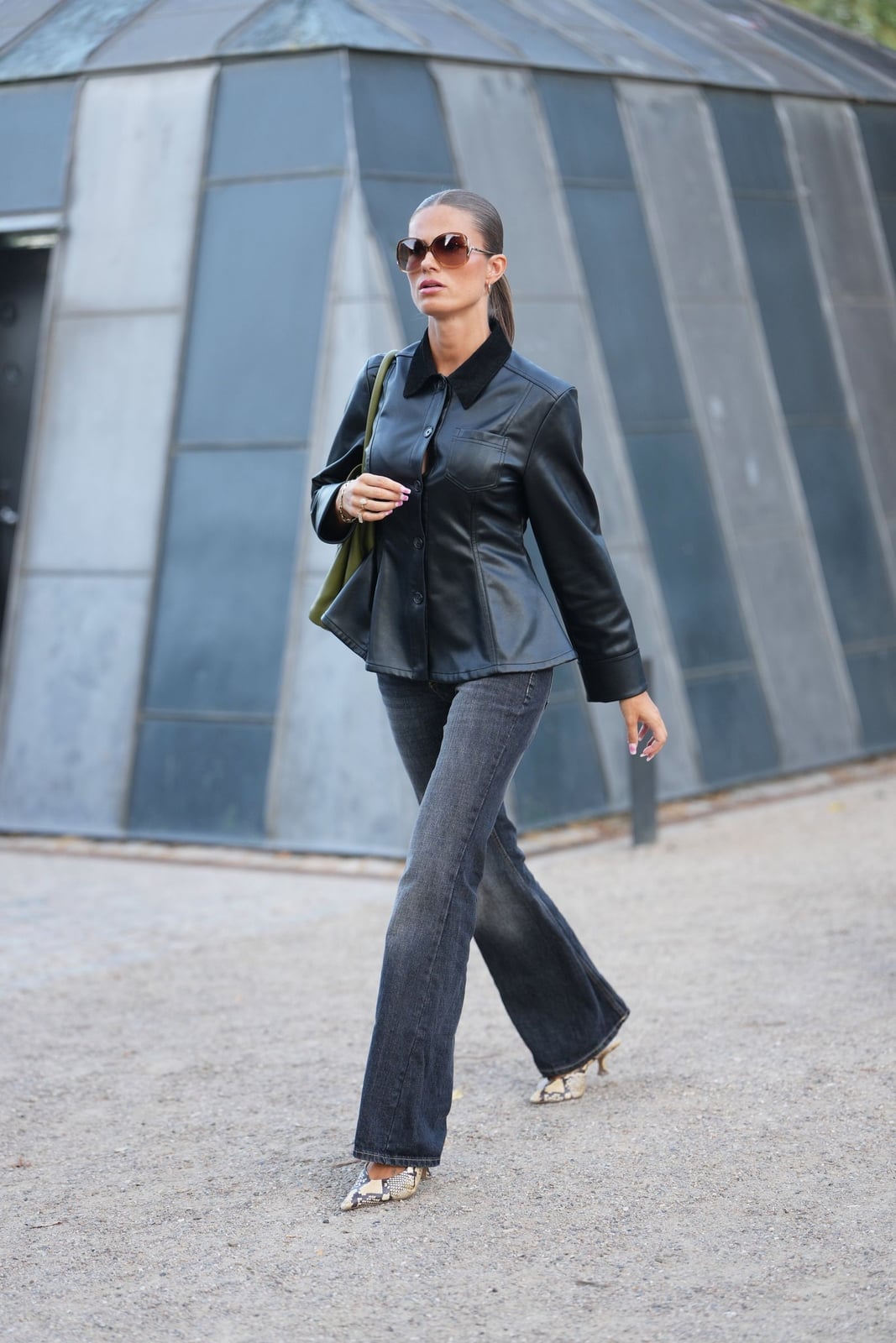 Black Leather Jacket and Snake Print Heels with Dark Grey Flare Jeans — Classy Gray Jeans Outfits