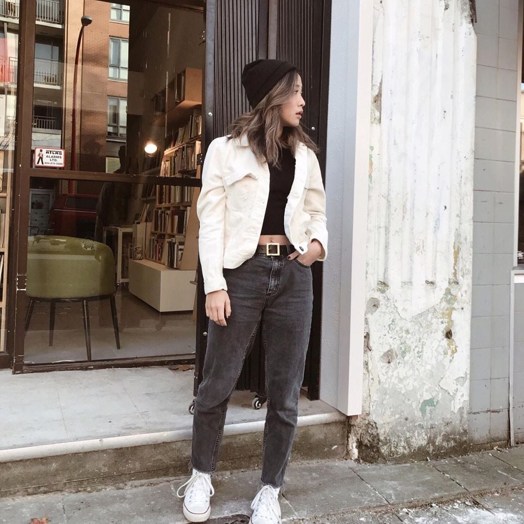 Cream Jacket and White Sneakers with Grey Straight Leg Jeans — Classy Gray Jeans Outfits