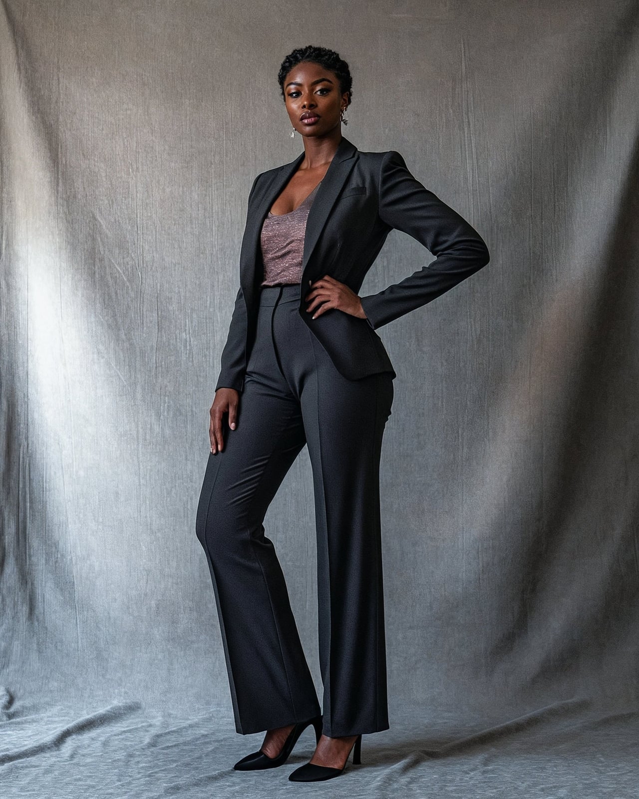 Classy Tailored Grey Trousers with Sparkly Top — Classy Gray Pants Outfits