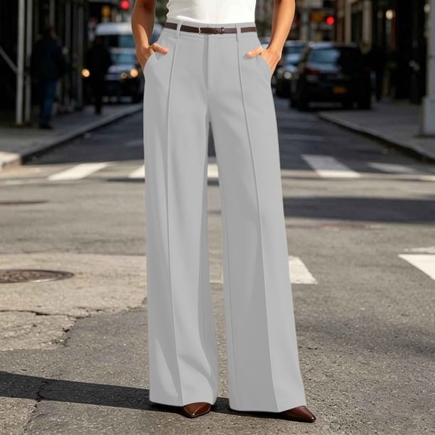 Light Grey High-Waist Wide Leg Trousers with Belt — Classy Gray Pants Outfits