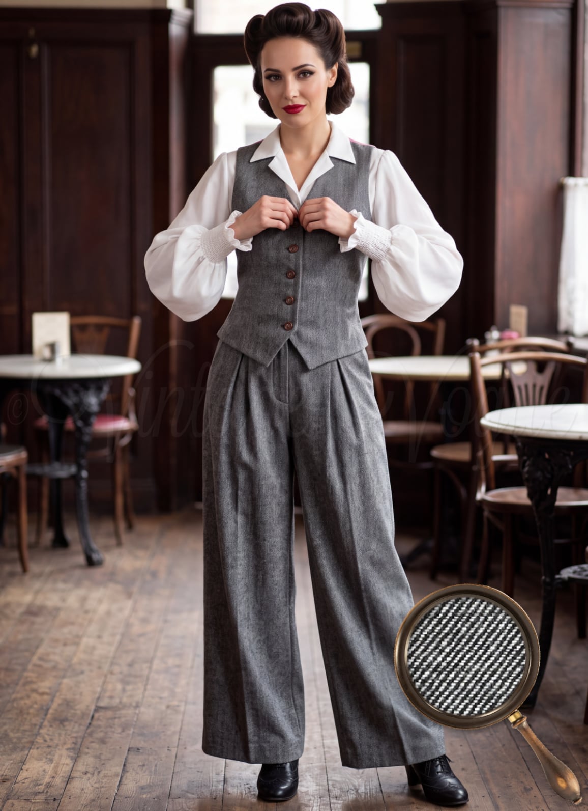 Grey Tweed Trousers with Voluminous Blouse — Classy Gray Pants Outfits