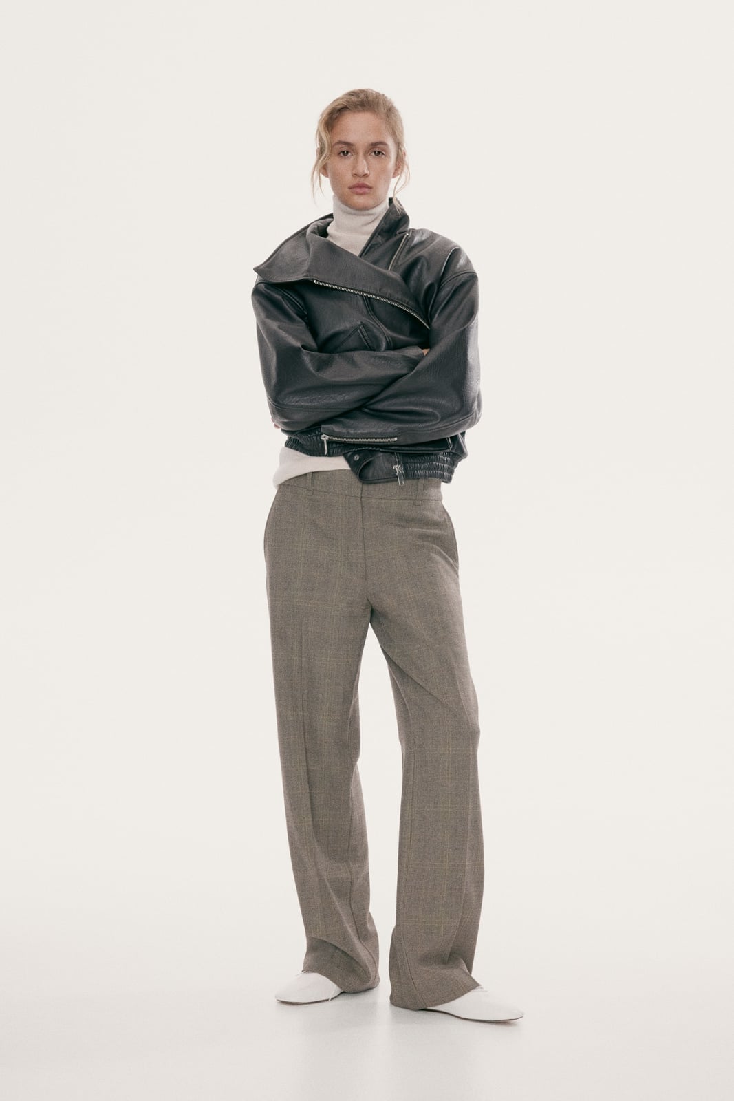 Grey Plaid Trousers with Leather Moto Jacket — Classy Gray Pants Outfits