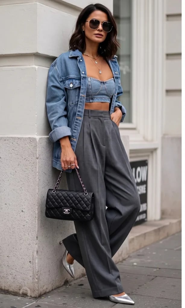 Grey Wide Leg Trousers with Denim Bustier and Jacket — Classy Gray Pants Outfits