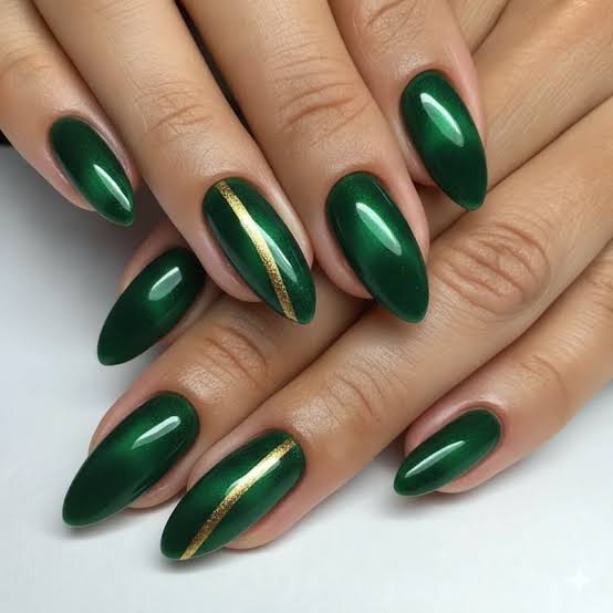 Dark Green Cat Eye with Gold Stripe Medium Almond Nails — Classy Green Cat Eye Nails