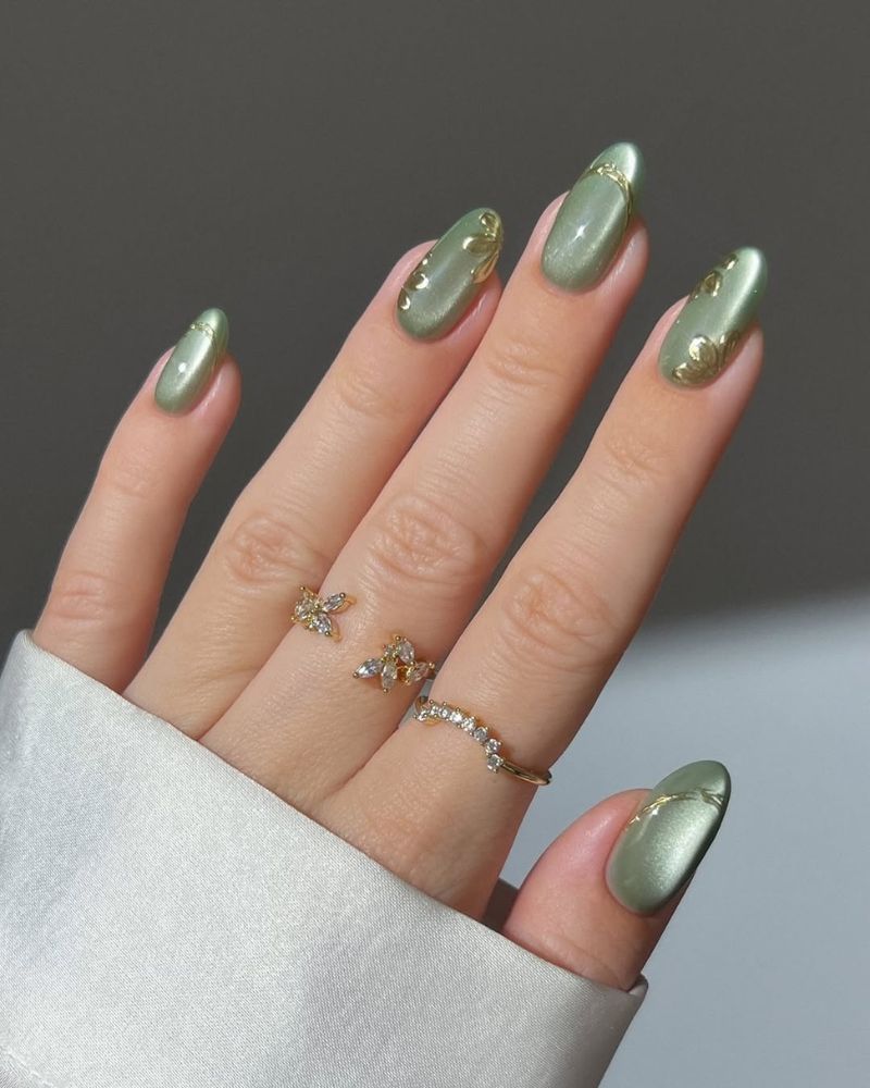 Light Green Cat Eye with Gold Accents Medium Almond Nails — Classy Green Cat Eye Nails