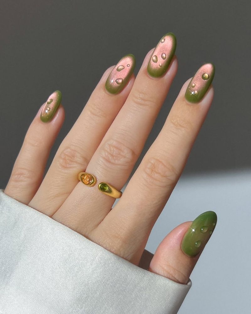 Green Cat Eye with Dew Drop Accents Medium Almond Nails — Classy Green Cat Eye Nails