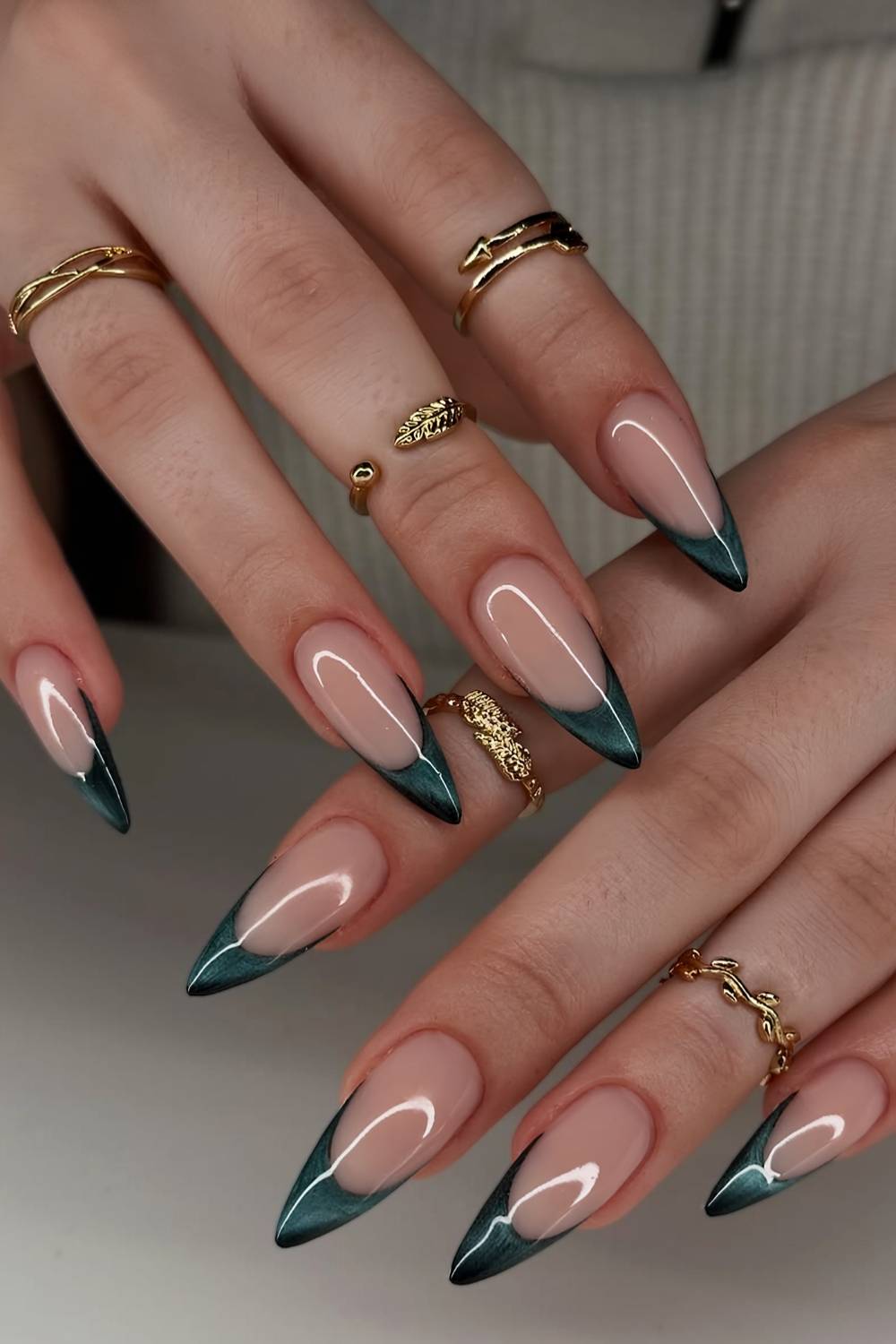 Dark Green Cat Eye French Tip Long Almond Nails — Classy Green Cat Eye Nails