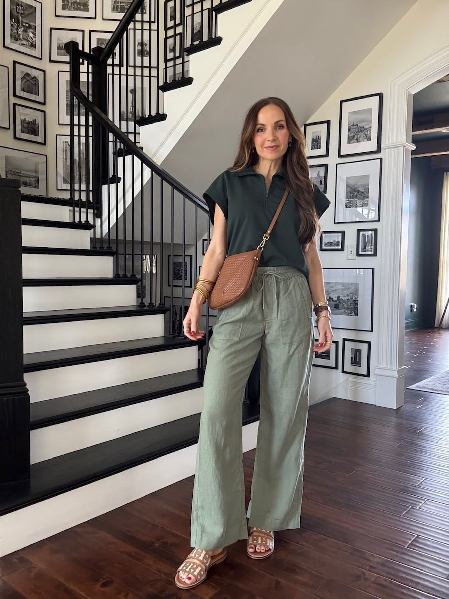 Wide-leg Olive Green Linen Trousers with a Zip-Up Top Wide-leg Olive Green Linen Trousers with a Zip-Up Top — Classy Green Jeans Outfits