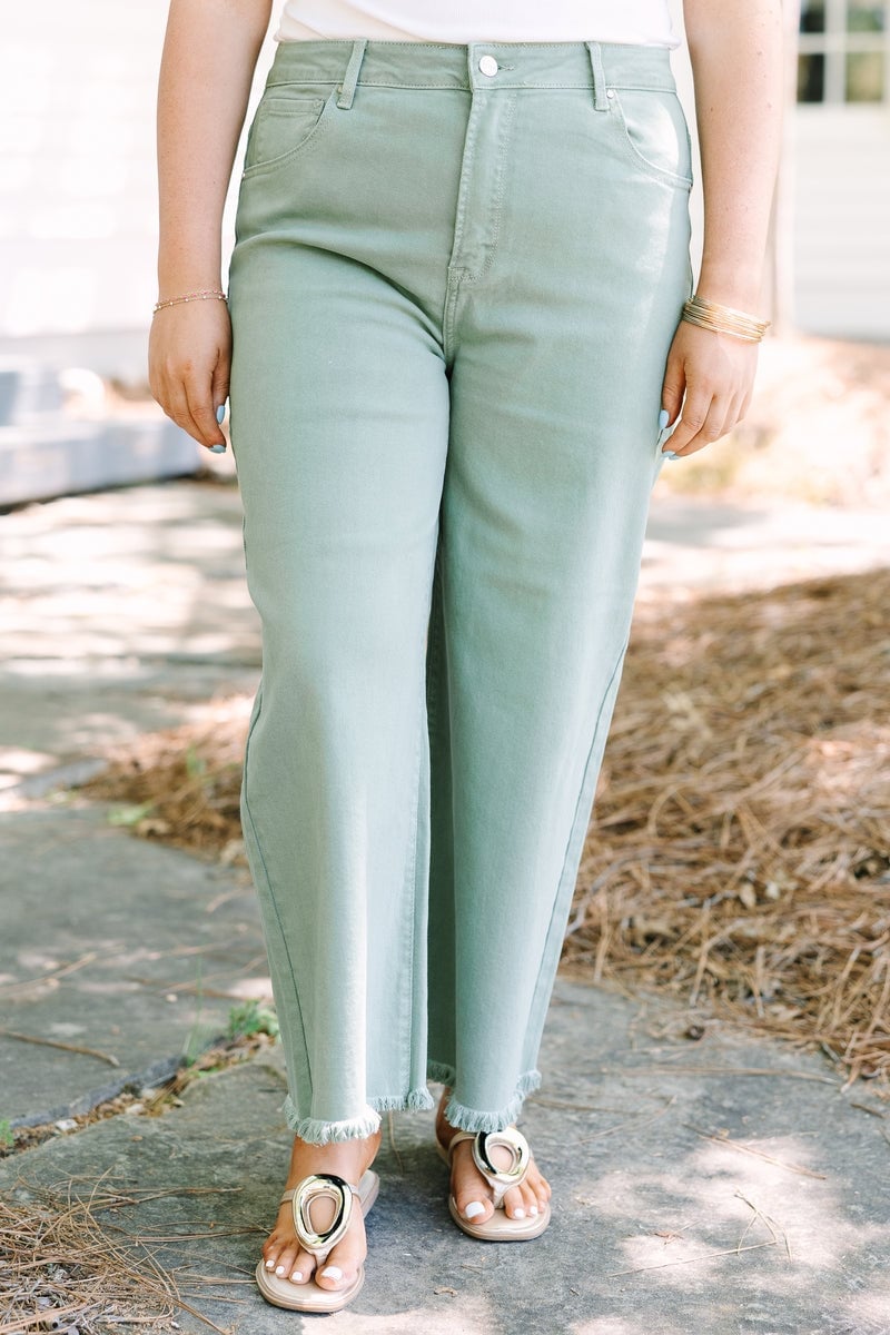 Light Green Wide Leg Jeans with Frayed Hems and Gold Sandals, Denim Light Green Wide Leg Jeans with Frayed Hems and Gold Sandals, Denim — Classy Green Jeans Outfits