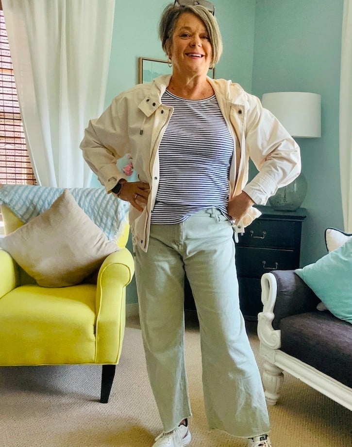 Pale Green Wide Leg Jeans with a Striped Tee and Cream Jacket Pale Green Wide Leg Jeans with a Striped Tee and Cream Jacket — Classy Green Jeans Outfits