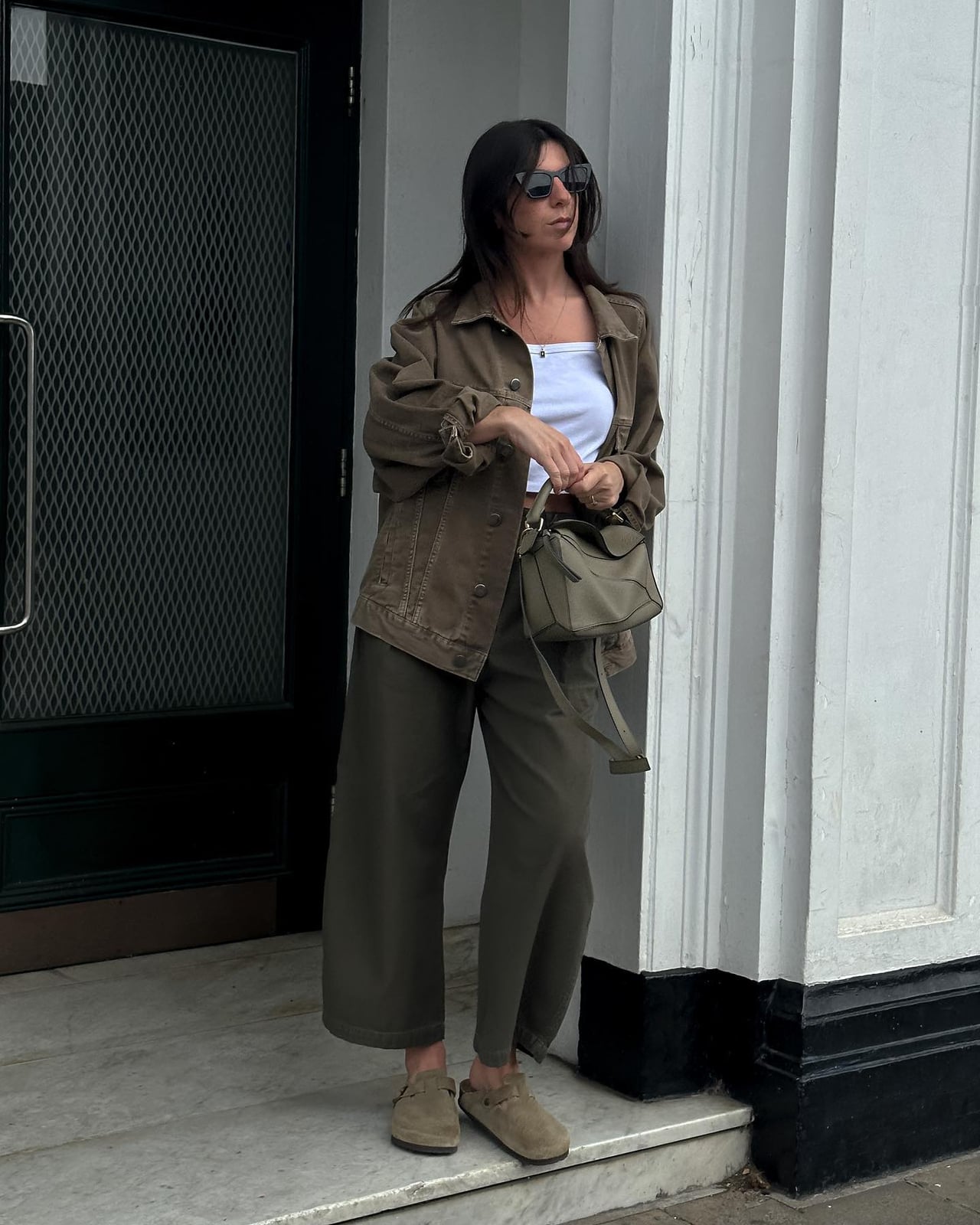 Olive Green Wide-Leg Trousers with a White Crop Top and Denim Jacket Olive Green Wide-Leg Trousers with a White Crop Top and Denim Jacket — Classy Green Jeans Outfits