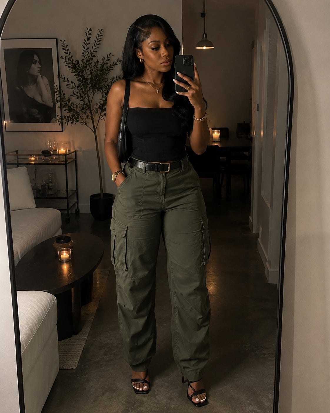 Olive Green Cargo Pants with a Black Tank Top and Heeled Sandals Olive Green Cargo Pants with a Black Tank Top and Heeled Sandals — Classy Green Jeans Outfits