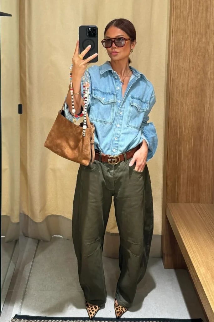 Olive Green Barrel-Leg Trousers with a Denim Shirt and Leopard Print Olive Green Barrel-Leg Trousers with a Denim Shirt and Leopard Print — Classy Green Jeans Outfits