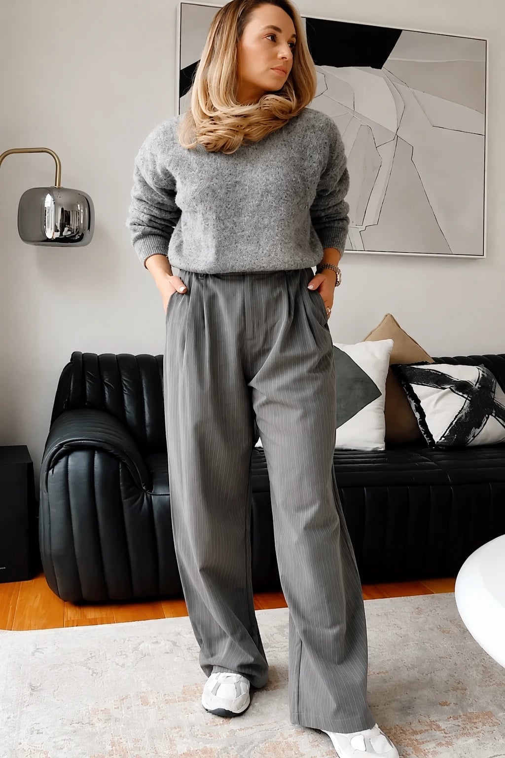 Pinstripe Grey Trousers With Chunky Knit Sweater — Classy Grey Pants Outfits