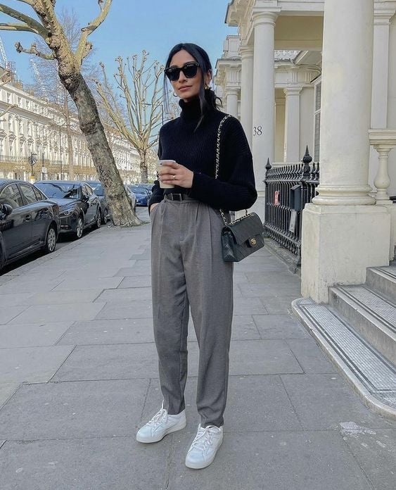 Grey Tailored Trousers With Black Turtleneck And White Sneakers — Classy Grey Pants Outfits
