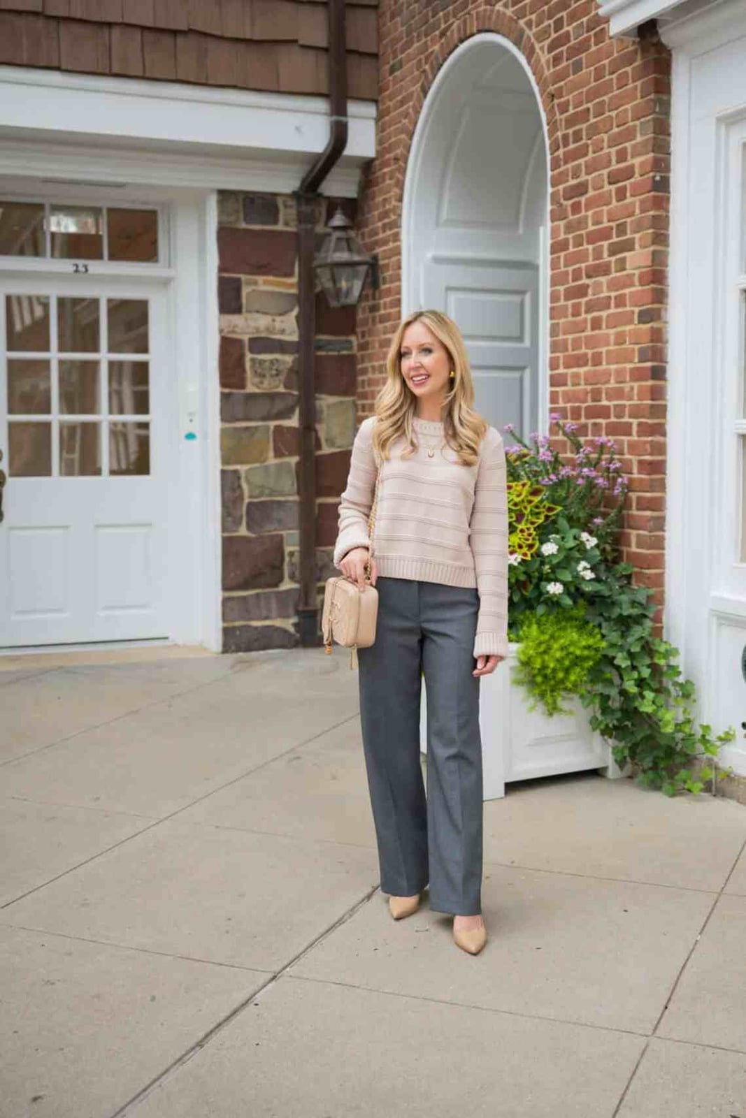 Grey Straight-Leg Trousers With Striped Sweater — Classy Grey Pants Outfits