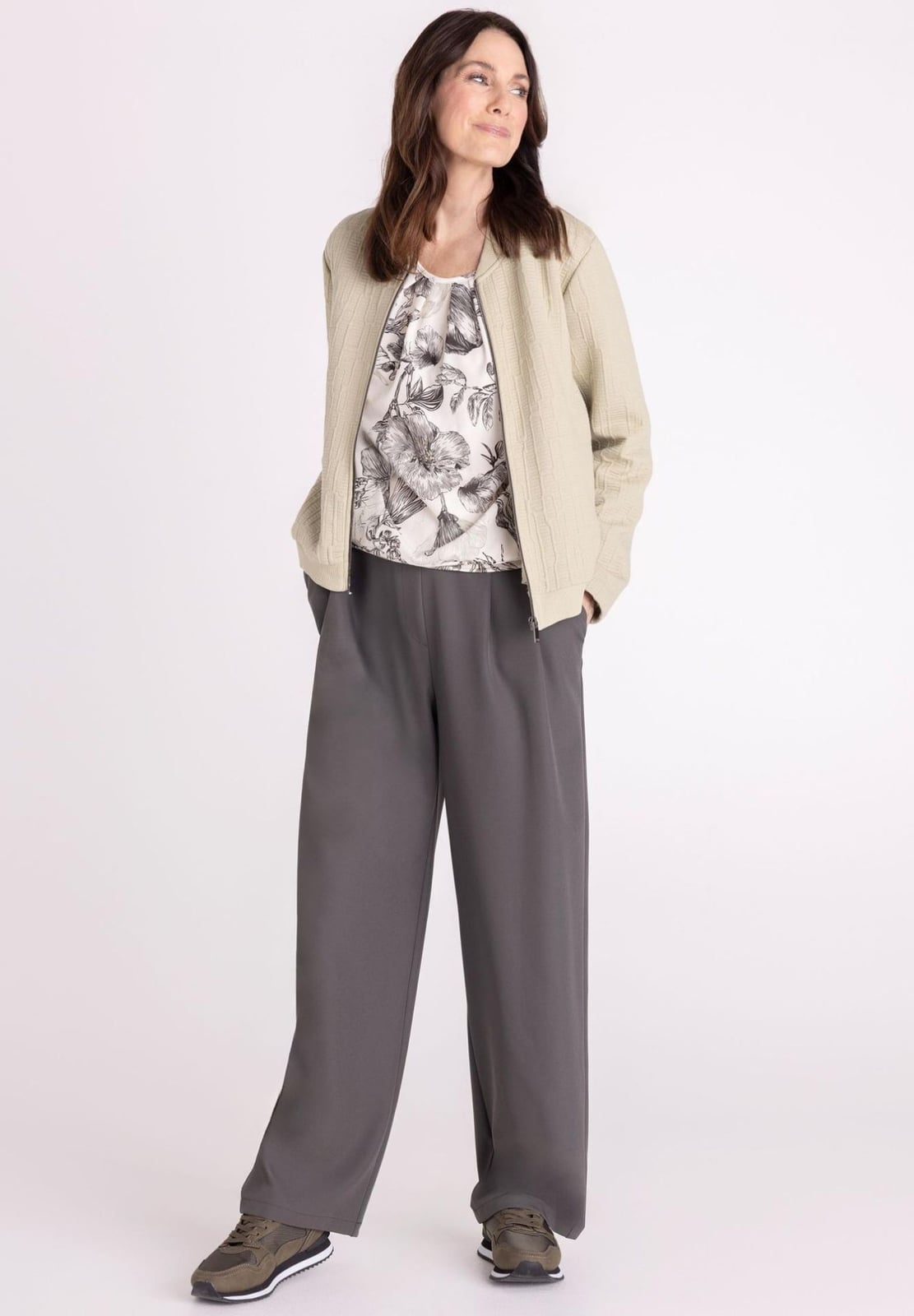 Dark Grey Trousers With Floral Top And Bomber Jacket — Classy Grey Pants Outfits