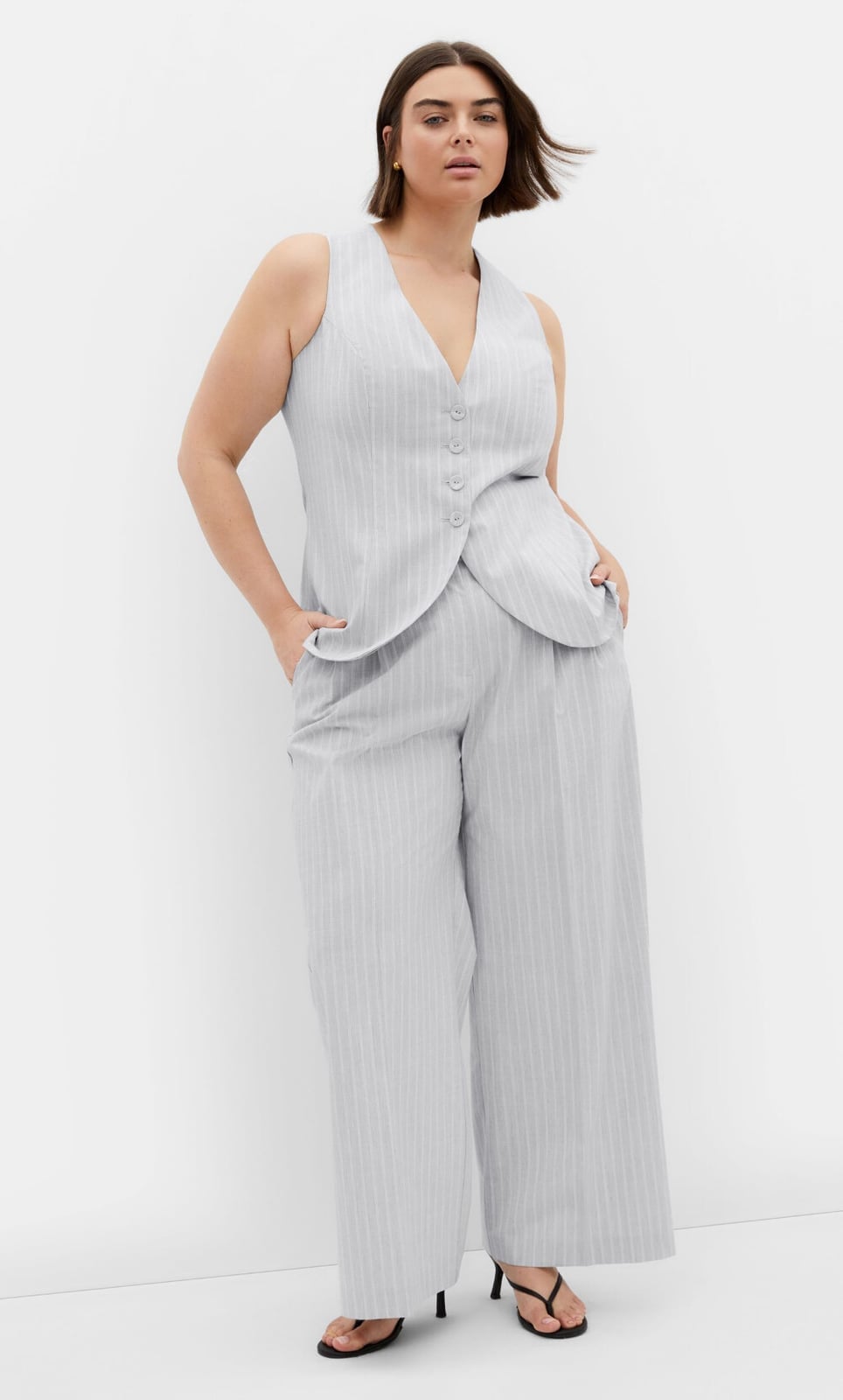 Grey Pinstripe Trousers With Matching Vest And Sandals — Classy Grey Pants Outfits