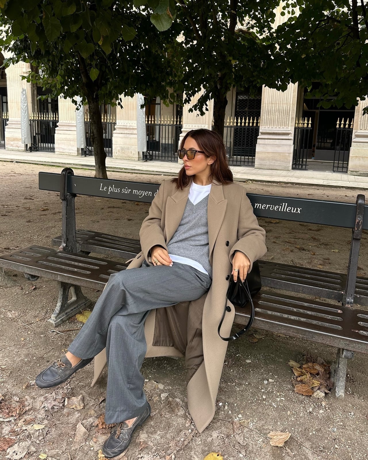 Grey Trousers With White Tee And Camel Coat — Classy Grey Pants Outfits
