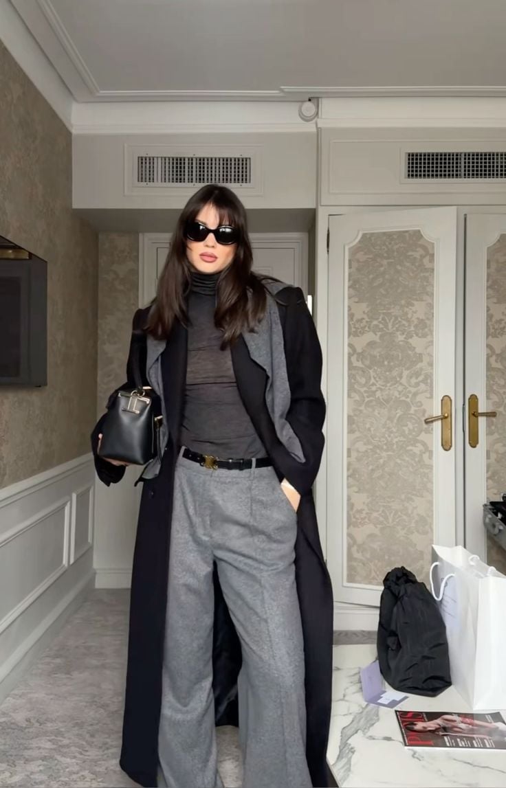 Monochromatic Grey Trousers With Black Coat — Classy Grey Pants Outfits