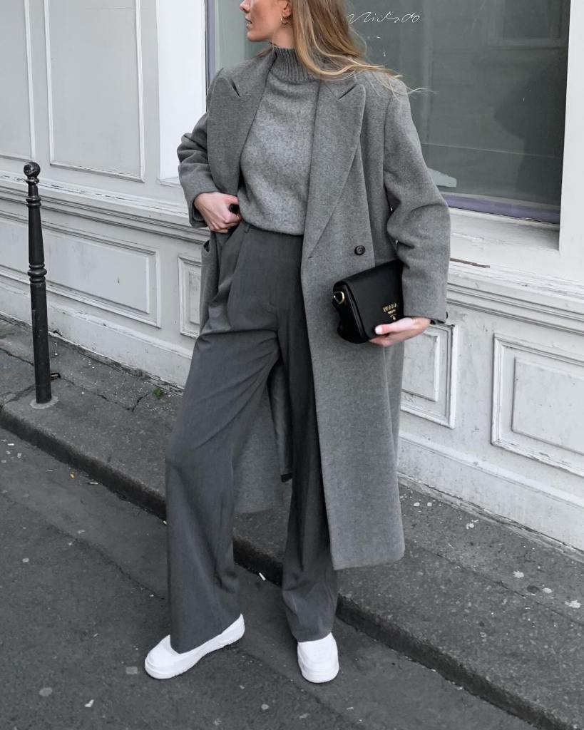Monochromatic Grey Trousers With Turtleneck And Wool Coat — Classy Grey Pants Outfits