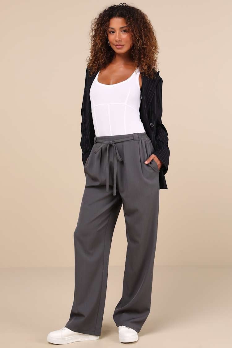 Charcoal Grey Trousers With White Tank And Pinstripe Blazer — Classy Grey Pants Outfits