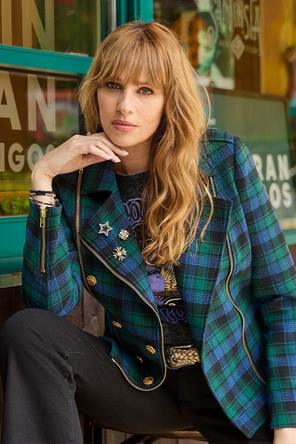 Plaid Moto Jacket With Band T-Shirt And Black Pants Plaid Moto Jacket With Band T-Shirt And Black Pants — Classy Grunge Style