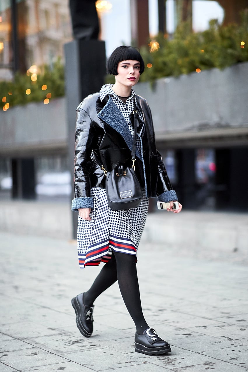 Patent Leather Jacket Over Patterned Dress Patent Leather Jacket Over Patterned Dress — Classy Grunge Style