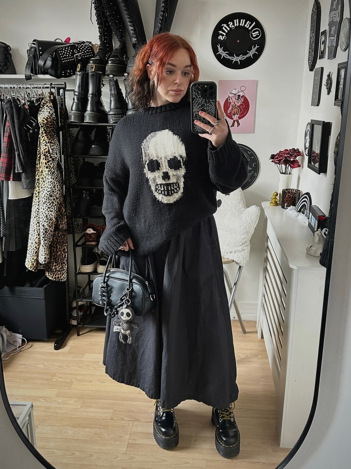 Skull Graphic Sweater With Long Black Skirt Skull Graphic Sweater With Long Black Skirt — Classy Grunge Style
