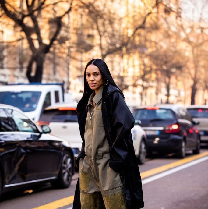 Olive Jumpsuit Under Black Trench Coat Olive Jumpsuit Under Black Trench Coat — Classy Grunge Style