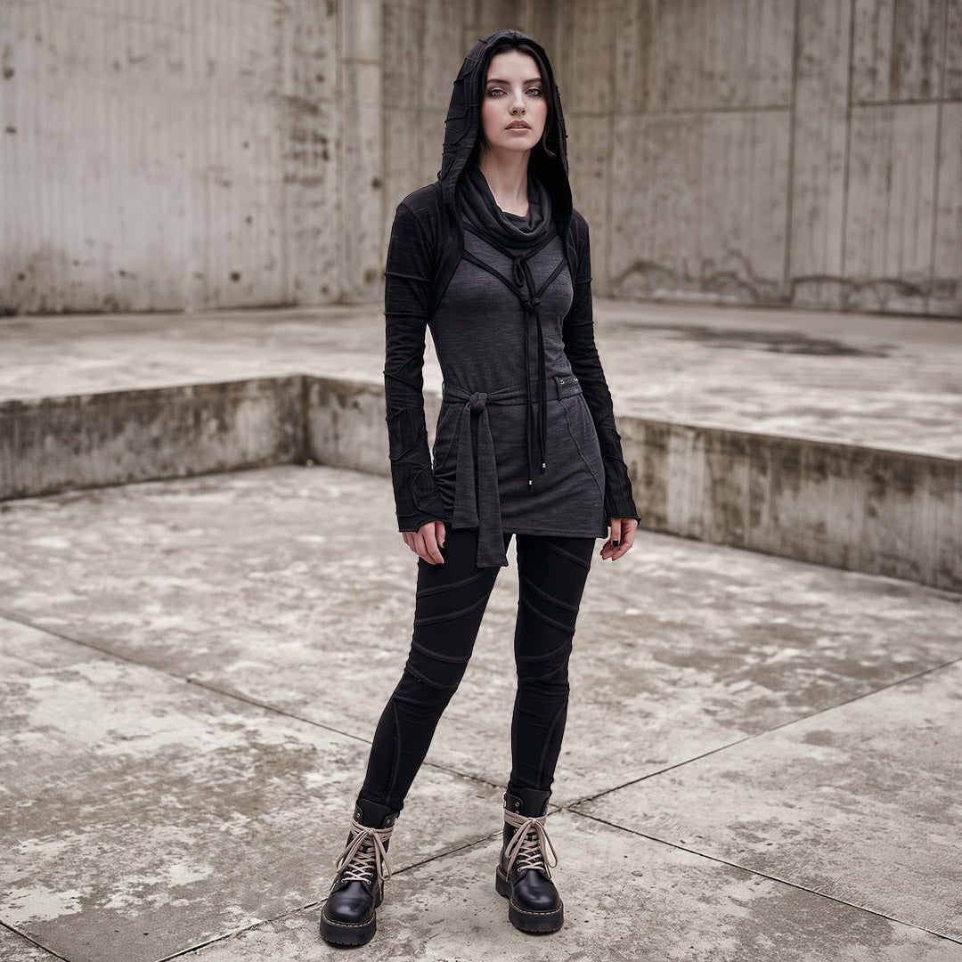 Hooded Tunic Over Leggings With Lace-Up Boots Hooded Tunic Over Leggings With Lace-Up Boots — Classy Grunge Style