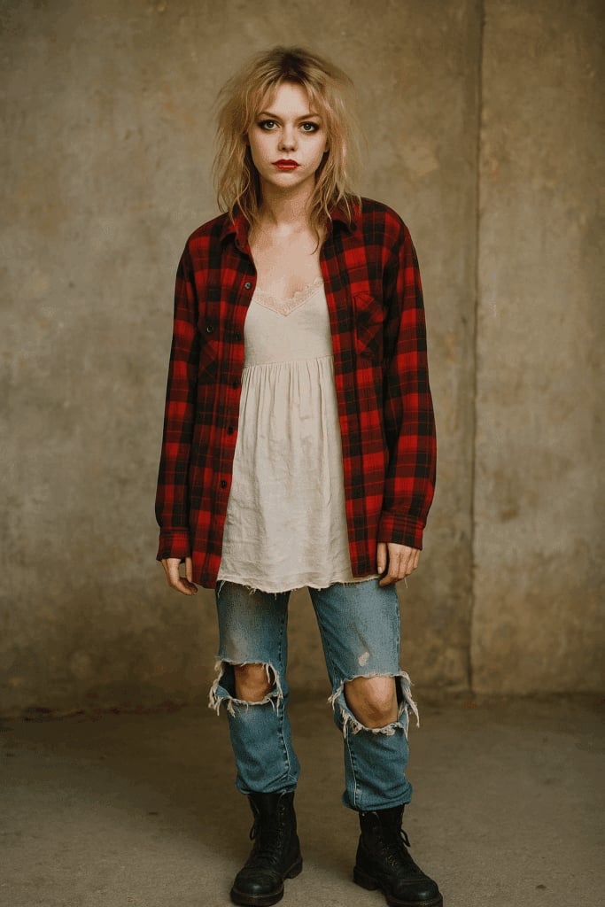 Plaid Flannel Shirt With Distressed Denim Plaid Flannel Shirt With Distressed Denim — Classy Grunge Style