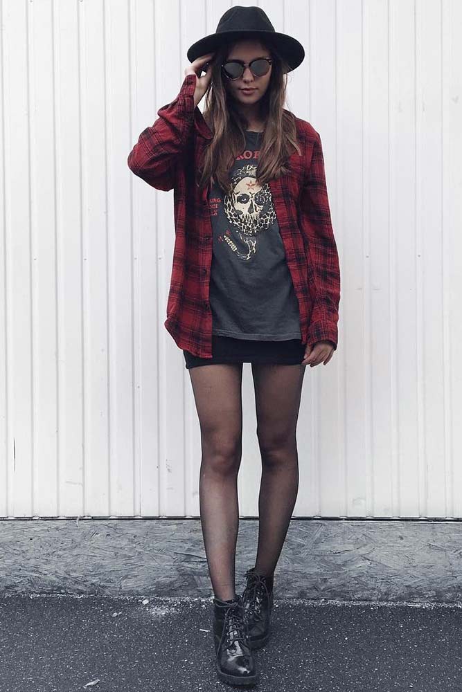 Red Plaid Shirt Over Skull Graphic Tee And Mini Skirt Red Plaid Shirt Over Skull Graphic Tee And Mini Skirt — Classy Grunge Style