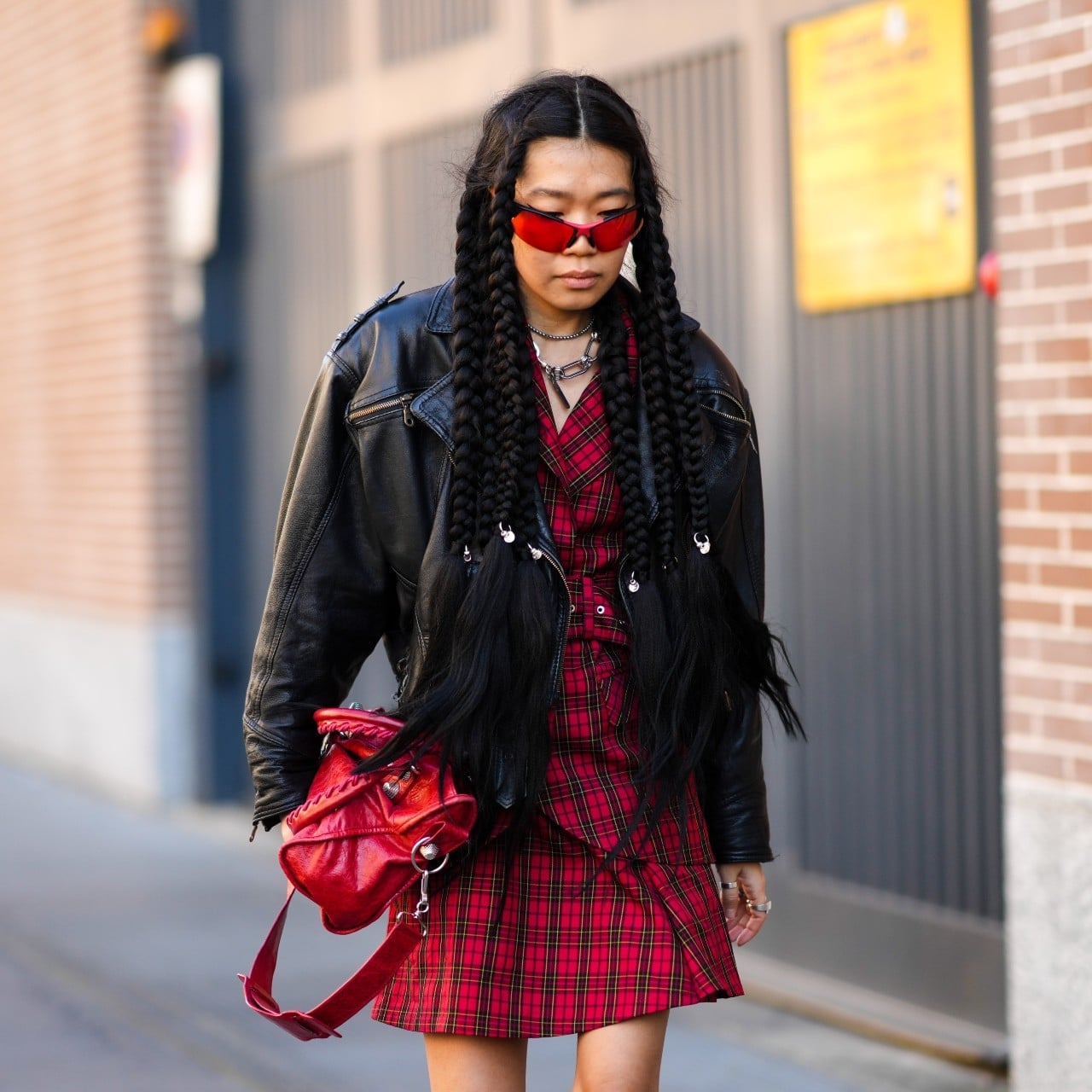 Oversized Leather Jacket With Plaid Mini Dress Oversized Leather Jacket With Plaid Mini Dress — Classy Grunge Style