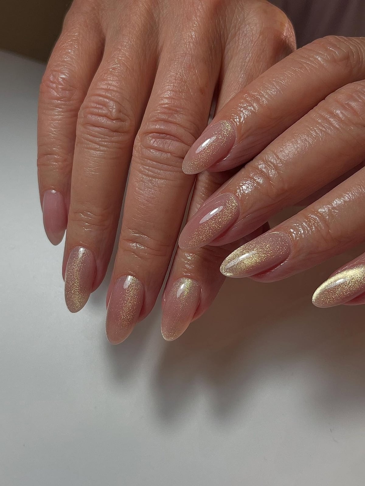 Medium-Long Oval Sheer Pink Nude Cat-Eye Nails — Classy Hailey Bieber Nails