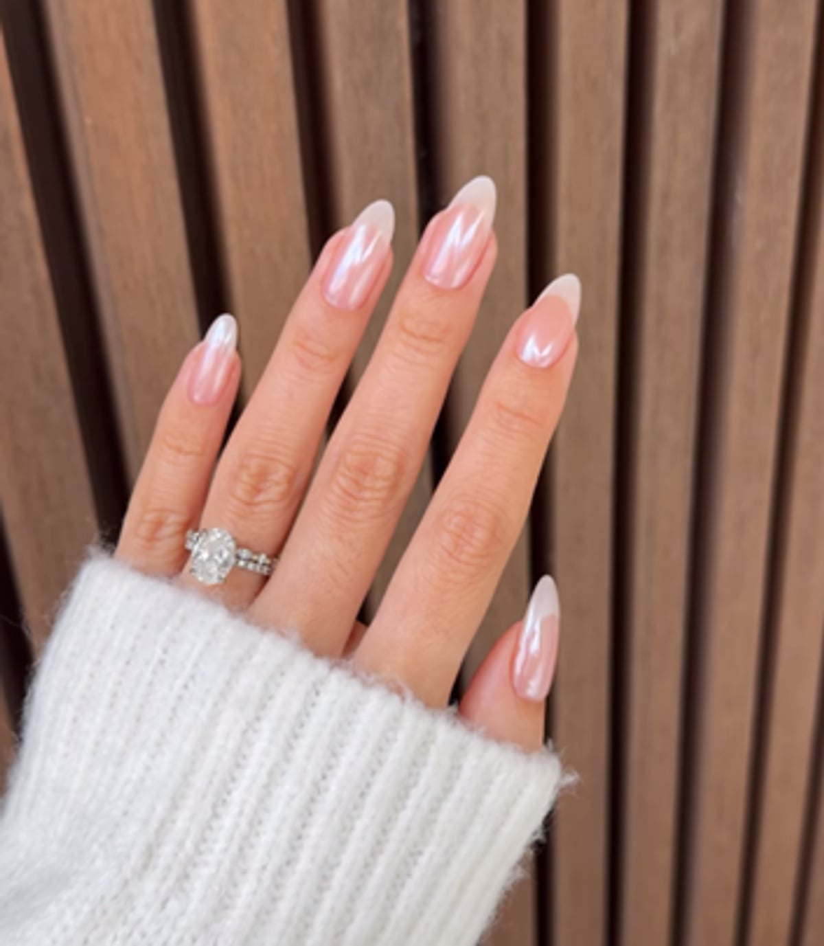 Medium Almond Pearlescent French Tip Nails — Classy Hailey Bieber Nails