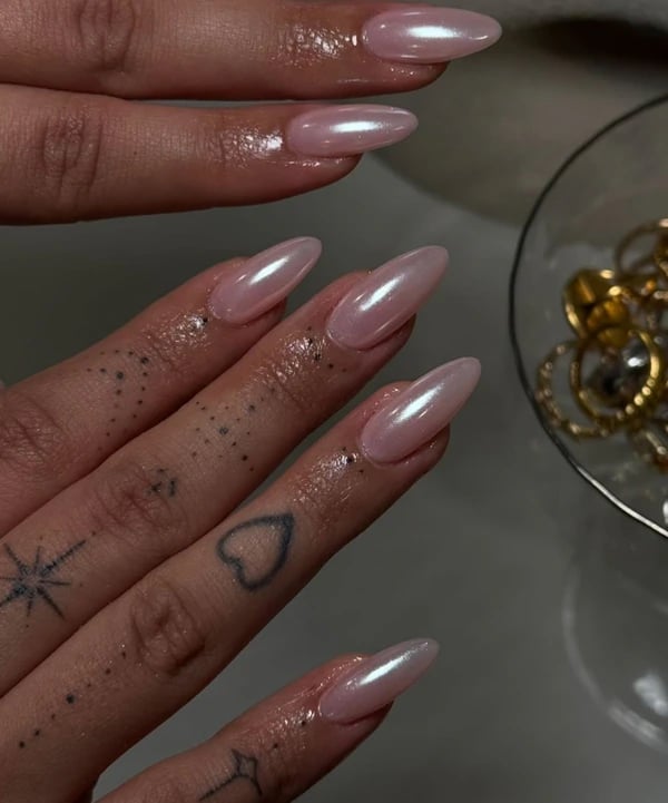 Medium Almond Silver Outline French Tip Nails — Classy Hailey Bieber Nails